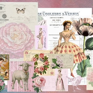 Pink Ephemera Bundle Paper Pack Vintage Pastel collage Postales francesas Recibos Junk Journal hoja de collage digital scrapbooking
