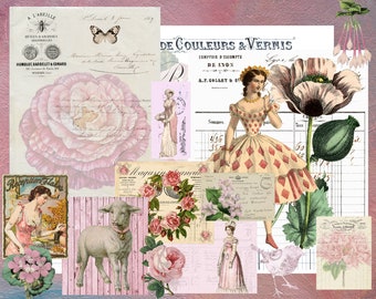 Pink Ephemera Bundle Paper Pack Vintage Pastel collage French  postcards Receipts Junk Journal digital collage sheet scrapbooking