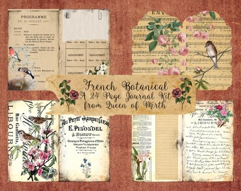 French Botanical Junk Journal Kit Vintage Printable France Paris Ephemera backgrounds Printable junk journal downloadable book