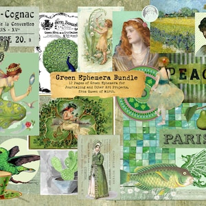 Paquete de efeméride verde paquete de papel Sage French Receipts Junk Journal descarga instantánea de hoja de collage digital scrapbooking
