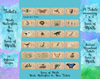 Tickets Butterflies Bees & Birds Vintage Junk Journal digital collage sheet scrapbooking postcards vintage
