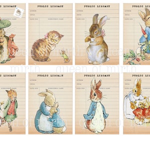 PETER RABBIT & FRIENDS Library Cards Beatrix Potter water color  printable junk journal digital download collage sheet scrapbook
