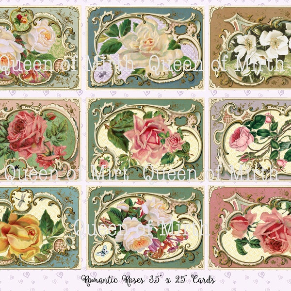 Nine Romantic Roses  ATC Cards 2.5" x 3.5"  Tags Scrapbook Junk Journal digital vintage collage sheet journal  book decoupage