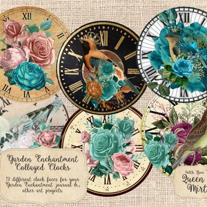 Könnte beinhalten: Zwölf verschiedene Zifferblätter mit Blumen- und Vogelmotiven. Die Zifferblätter sind im Collage-Stil mit einem goldenen, schwarzen und weißen Farbschema gehalten. Der Text "Garden Enchantment Collaged Clocks" befindet sich am unteren Rand des Bildes. Der Text "With Love From Queen of Mirth" befindet sich unten rechts im Bild.