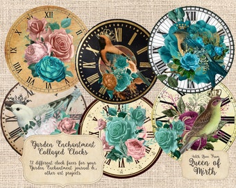 GARDEN ENCHANTMENT Clock Faces Roses Crowned Birds  junk journal teal pink printable  digital download collage sheet journaling scrapbook