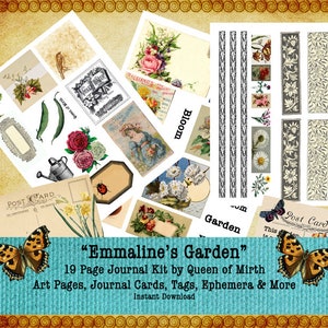 May include: A digital collage kit with 19 pages of vintage botanical illustrations, including flowers, butterflies, and garden-themed elements. The kit is titled "Emmaline's Garden" and is designed for journaling, scrapbooking, and other creative projects.