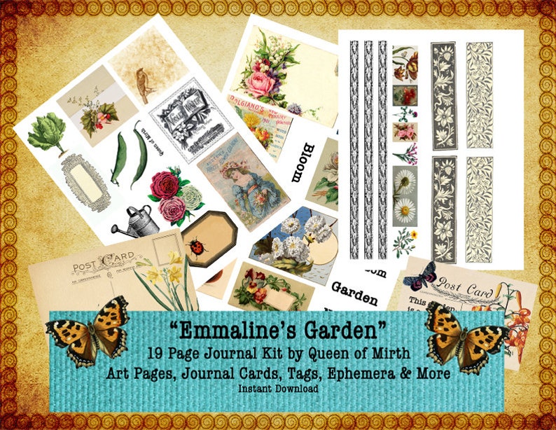 May include: A digital collage kit with 19 pages of vintage botanical illustrations, including flowers, butterflies, and garden-themed elements. The kit is titled "Emmaline's Garden" and is designed for journaling, scrapbooking, and other creative projects.