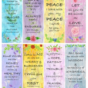 May include: Eight colorful bookmarks with inspirational quotes and floral designs. The bookmarks feature quotes about love, peace, strength, joy, and kindness. Each bookmark has a different floral design and a scripture reference.