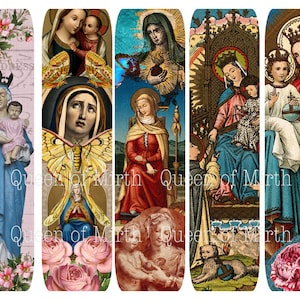 Moeder Mary bladwijzers Tags Blessed Virgin Madonna katholieke afdrukbare digitale collage blad kaart ongewenste tijdschrift religieuze scrapbook downloaden