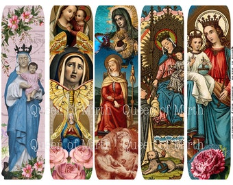 Mother Mary Bookmarks Tags Blessed Virgin Madonna Catholic printable digital download collage sheet card junk journal religious scrapbook