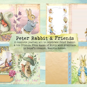 Puede incluir: Un collage de imágenes con Peter Rabbit y sus amigos de los libros infantiles de Beatrix Potter. Las imágenes incluyen Peter Rabbit, Squirrel Nutkin, Benjamin Bunny y Mrs. Tiggy-Winkle. El texto dice "Peter Rabbit & Friends A complete journal kit to celebrate Peter Rabbit & his friends. From Queen of Mirth with gratitude to Peter's creator, Beatrix Potter."