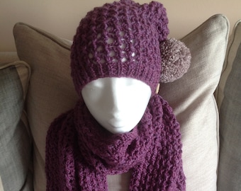 Hand knitted plum chunky mock Turkish stitch hat and scarf set.