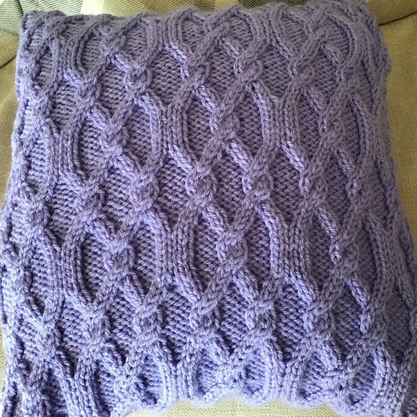 Hand knitted lavender colour cabled diamond pattern Aran cushion cover