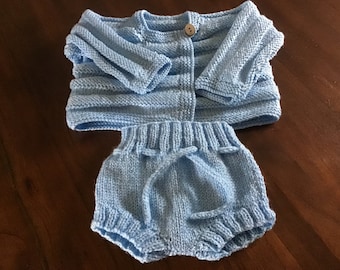 Hand knitted baby ridge cardigan and retro pants