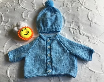 Hand knitted baby boy jacket and hat
