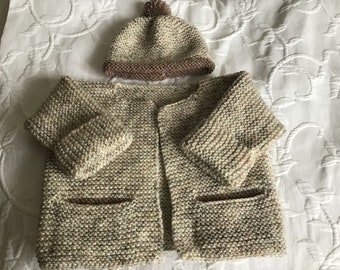 Hand knitted gender neutral baby jacket & hat