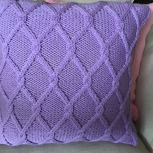 Hand knitted wisteria colour fancy diamond Aran cushion cover