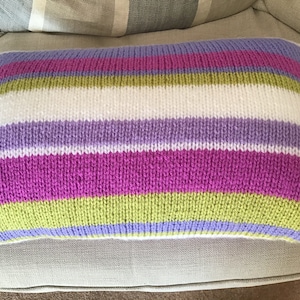 Hand knitted random stripe spring colours Aran cushion cover