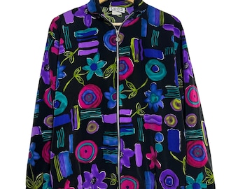 90s Teddi Bomber Jacket XL Black Floral Abstract eclectic artsy Zip Up Vintage