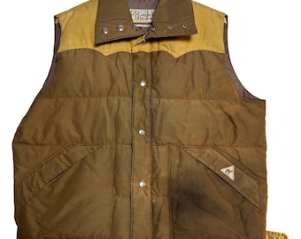 Kamizelka puchowa z puchu wielbłądziego w stylu vintage z lat 80., męska, rozmiar XL, brązowo-żółta, zachodnia, z puchu gęsiego
