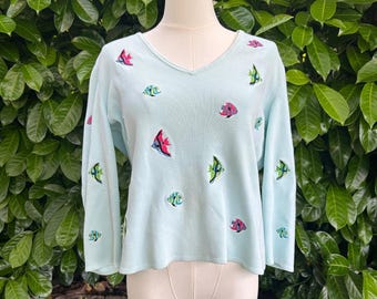 Vintage jaren 90 Alexandra Bartlett blauwe vis geborduurd geribbeld PXL