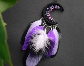 Crescent Moon Dreamcatcher Car Charm: Black Moon, Purple Feathers