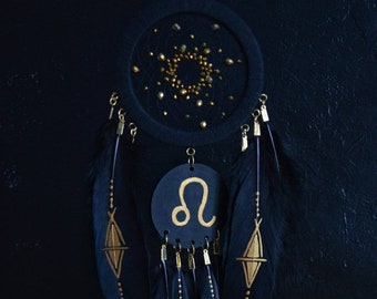 Attrape-rêves zodiaque Lion : cadeau d'astrologie noir et or