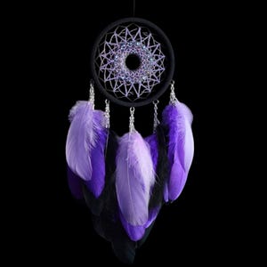 Handmade Purple and Black Dreamcatcher with Beaded Web – Boho Wall Decor for Bedroom or Meditation Space Birthday Gift for Her