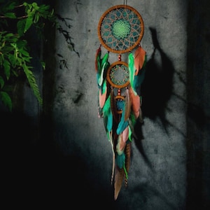 Handmade Earthy Dreamcatcher: Boho Wall Decor with Brown & Green Feathers