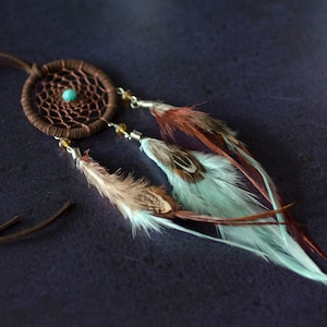 Dreamcatcher for car. Mint brown dream catcher rear view mirror charm.