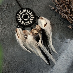 May include: A black and white dreamcatcher with multiple feathers. The dreamcatcher has a circular woven design with a central black circle and white accents. The feathers are white, brown, and black, with speckled and striped patterns.