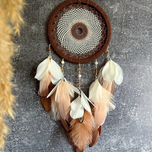 Handcrafted Earthy Dreamcatcher with Natural Feathers | Brown, Beige, and Creamy Tones | Boho Wall Decor