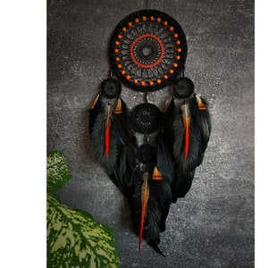 Elegant Black and Orange Dreamcatcher with Agate Stone – Unique Handcrafted Wall Decor
