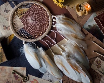 Handmade Beige Dreamcatcher: Feather Wall Decor, 8x21 Inches