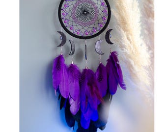 Purple Moon Dreamcatcher: Celestial Boho Wall Hanging with Feathers