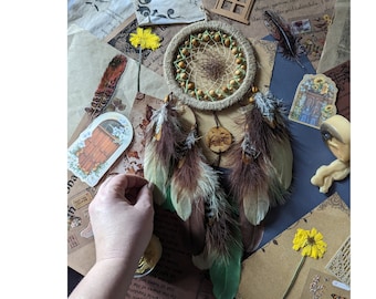 Natural Beige Dreamcatcher with Bear Totemic Animal | Authentic Native American Inspired Dreamcatcher | Bear Totem Symbolism