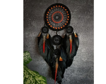 Elegant Black and Orange Dreamcatcher with Agate Stone – Unique Handcrafted Wall Decor