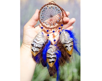 Brown Blue Dream Catcher: Native Style Car Rear View Mirror Charm