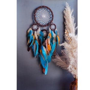 Handmade Brown and Blue Dreamcatcher – Multi-Ring Boho Wall Decor with Vibrant Feathers, Unique Gift for Bedroom or Living Room Decor