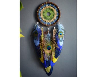Handmade Peacock Dreamcather Wall Decor | Brown and Vibrant Blue Dreamcatcher Christmas Gift for Boy or Girl