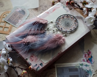Handmade Small Gray Dreamcatcher with Blush Pink Feathers - Perfect Girly Car Hanger & Mirror Charm with Starry Design