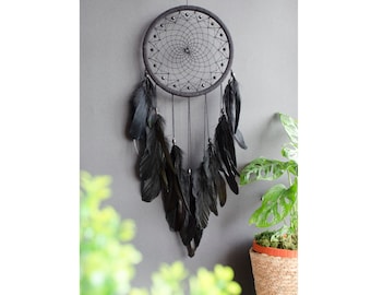 Black Dreamcatcher Handcrafted with Natural Feathers - Bohemian Chic Bedroom Decor - Unique Ethereal Wall Hanging - Perfect Gift for Him