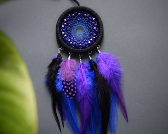 Purple Blue Dreamcatcher Car Charm: Beaded Galaxy Car Mirror Hanging
