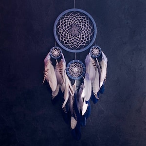 Large Traditional Dreamcatcher Wall Hanging with Beige, Gray and Navy feathers.