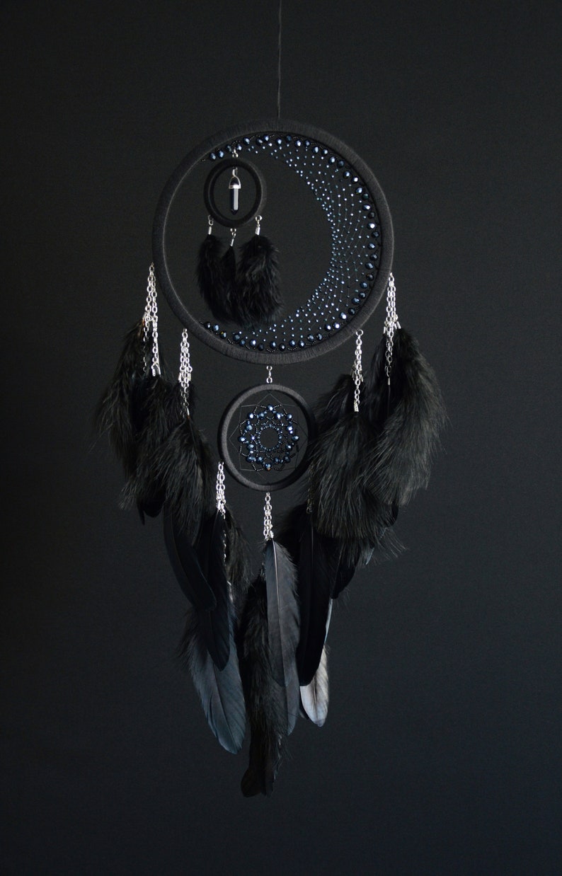 Black Crescent Moon Dream Catcher With Crystal - Etsy