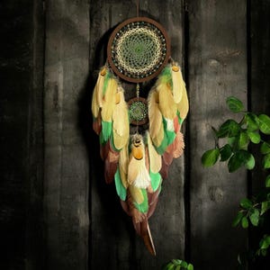 Handmade Green & Brown Dreamcatcher: Boho Feather Wall Decor