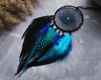 Boho Dreamcatcher Car Rearview Mirror Charm - Unique Handcrafted Gift, Blue Black Feather Decor, Perfect Accessory for Vehicle Interiors