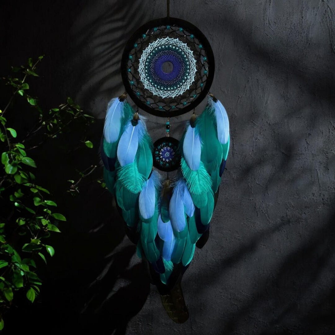 Handmade Blue Dream Catcher With Turquoise & Teal Feathers | Boho Wall ...