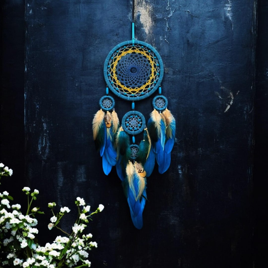 Handcrafted Blue Dream Catcher: Boho Turquoise & Yellow Wall Hanging - Etsy