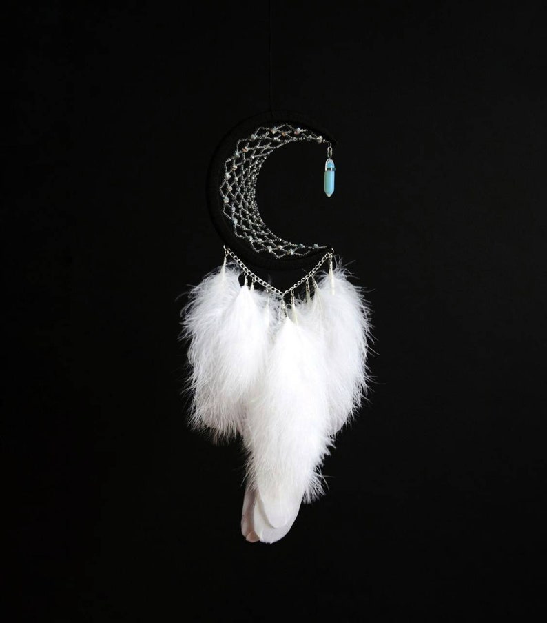 Crescent Moon White Black Dream Catcher With Moonstone / Moon Dream ...